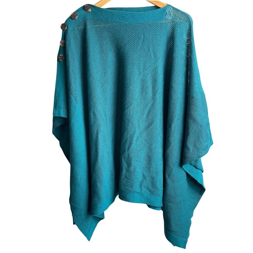 J.Jill Oversized Open Knit Poncho Wrap S-L Teal Asymmetrical Cotton Wool Coastal